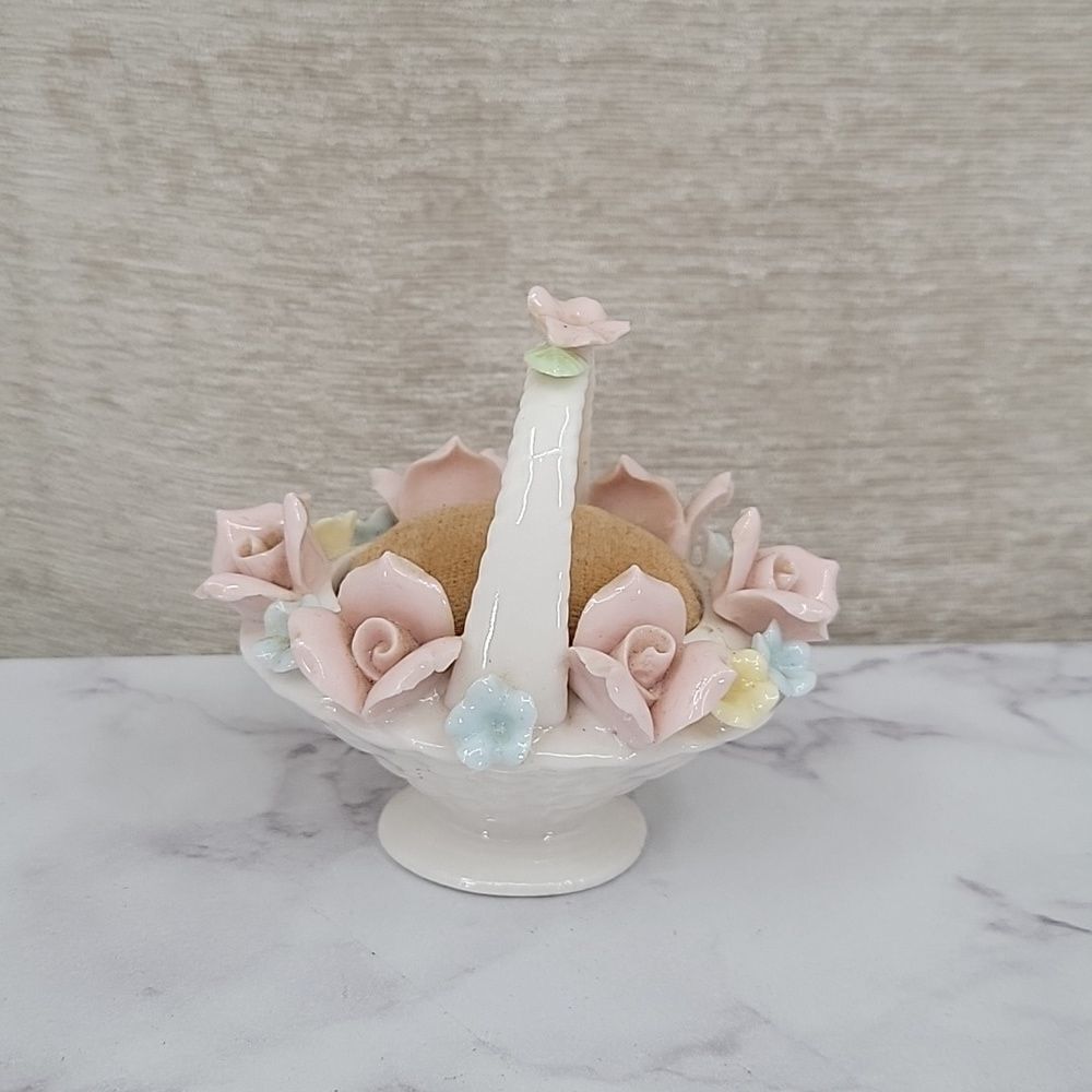 ARDALT Lenwile Japan Verithin Porcelain/China Floral Basket Pin Cushion